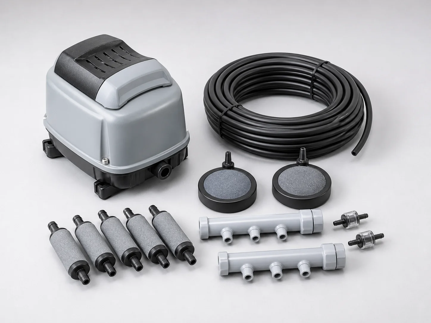 Aquaponics air blower, diffuser discs, air stones and aeration manifold components