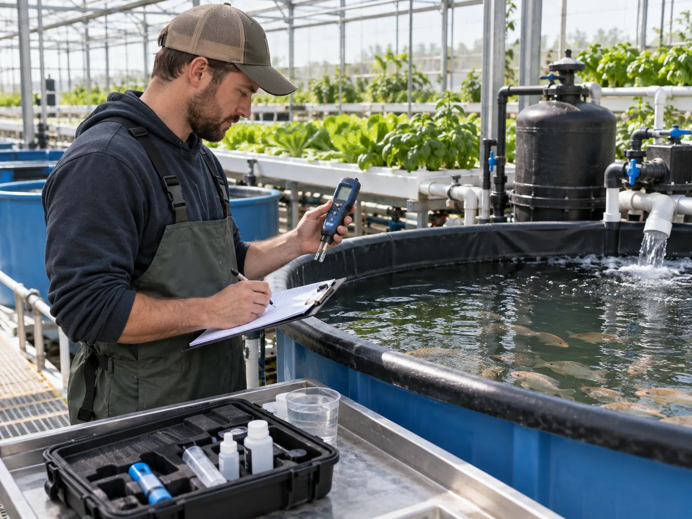 Aquaponics operator recording water-quality test results beside fish tanks and a filtration system