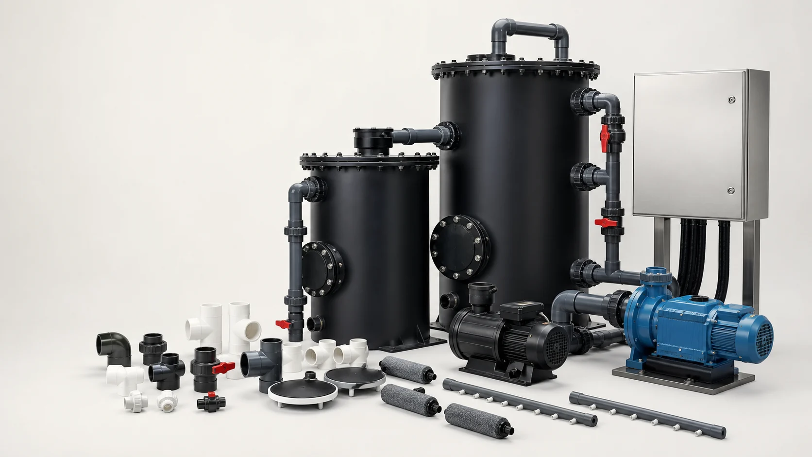 Commercial aquaponics filtration tanks, pumps, fittings and control equipment