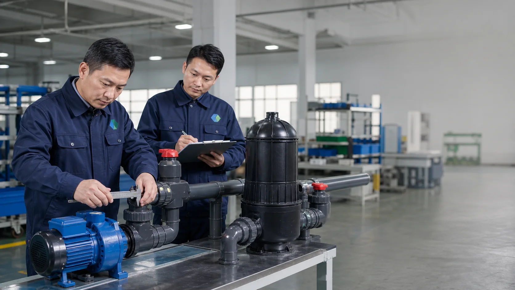 Chinese technicians testing a commercial aquaponics pump and filtration connection in a factory