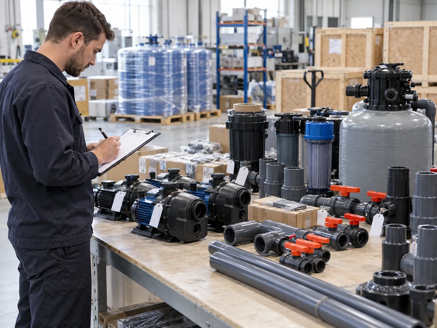 Technician inspecting labelled aquaponics pumps, valves and pipe fittings before shipment.