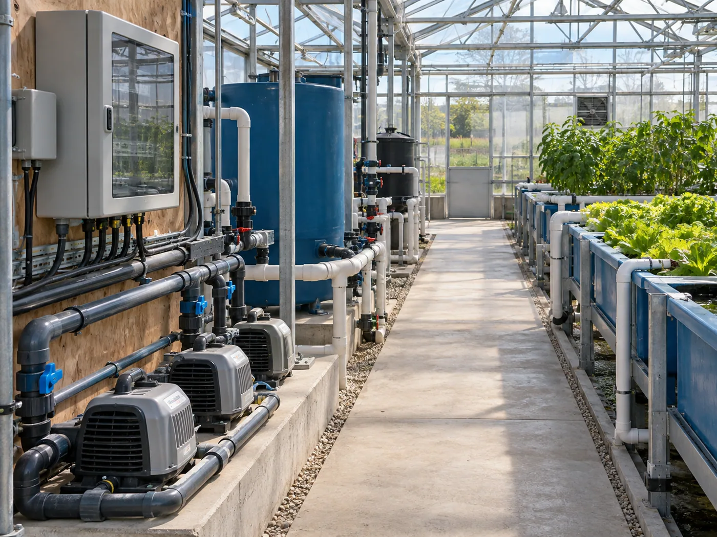 Organized aquaponics greenhouse utility area with electrical panel, aeration equipment and accessible pipework.