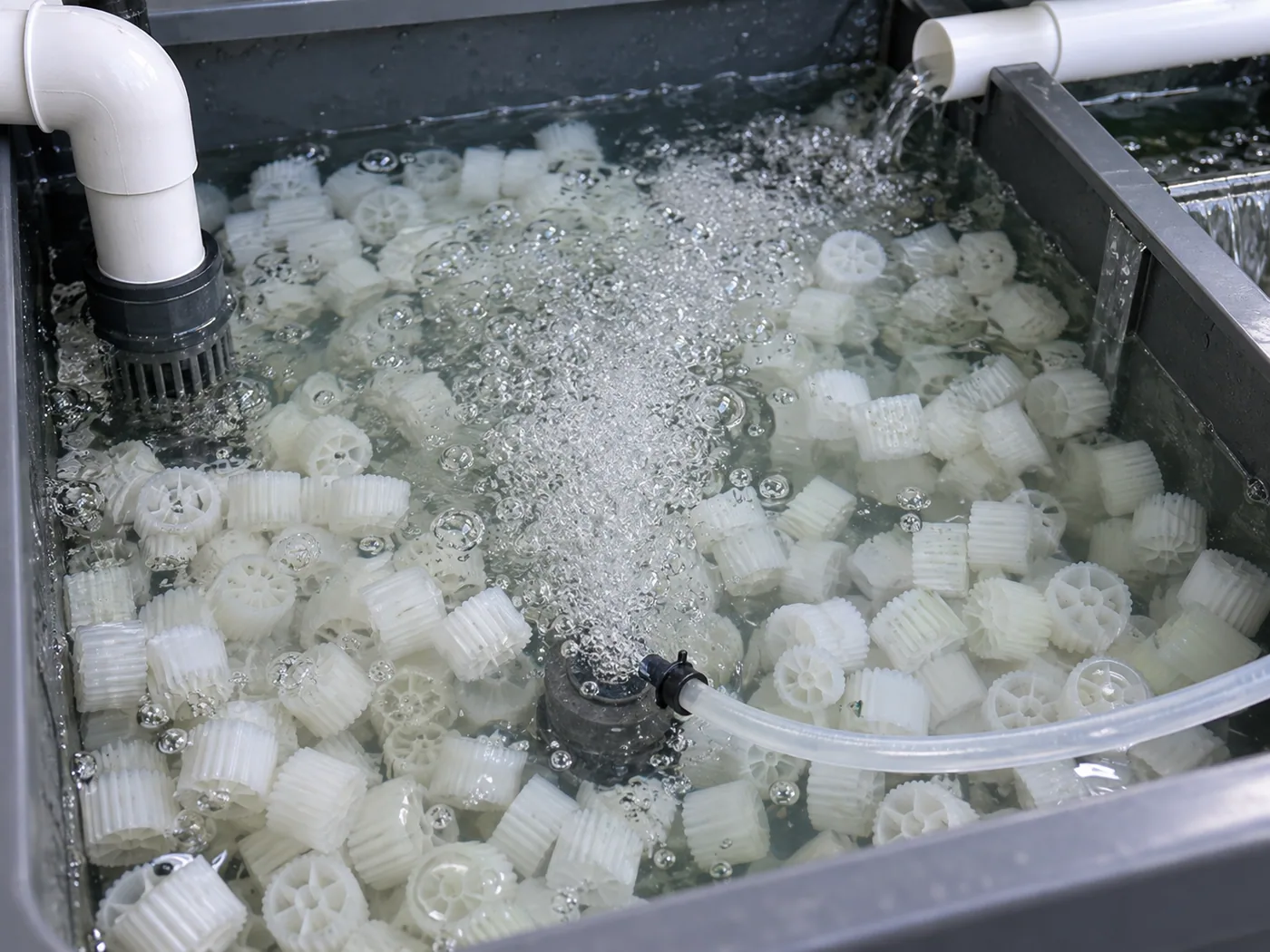 Close view of clean moving-bed biofilter media with aerated aquaponics water.