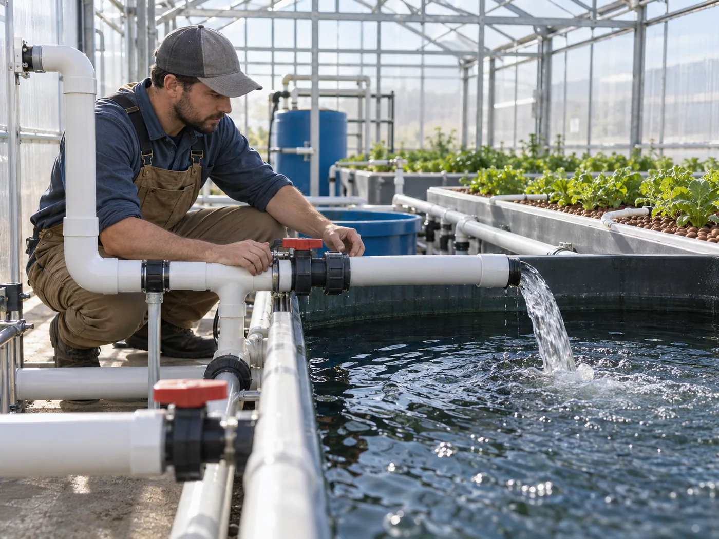 Installer checking aquaponics pipe connections and valves during a water circulation test.