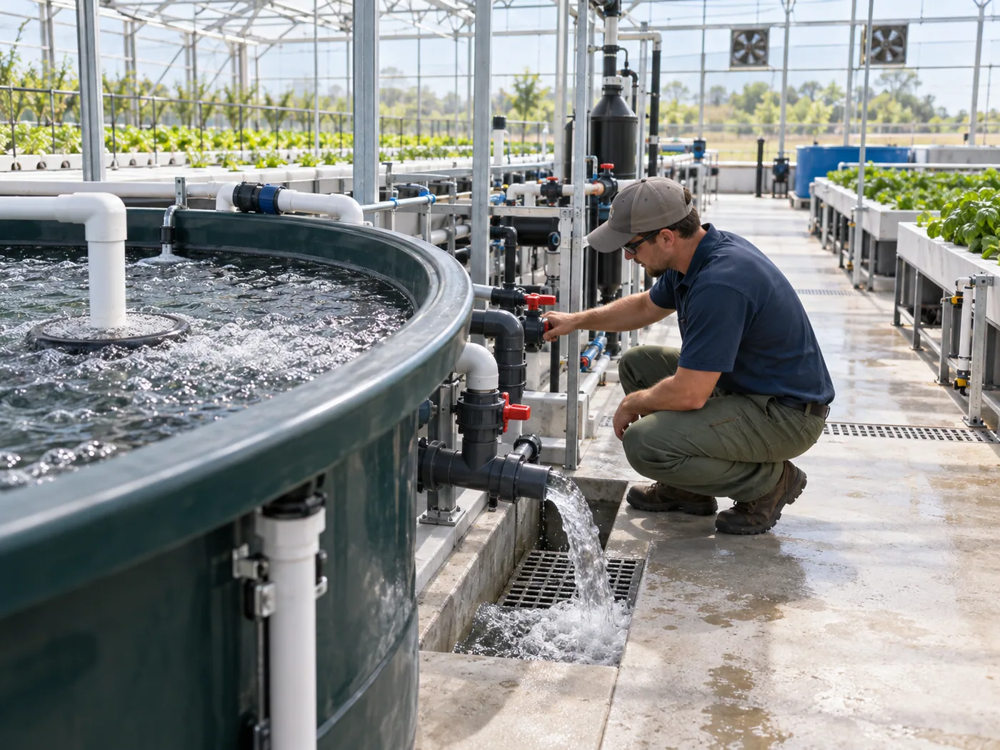 Engineer reviewing an aquaponics process-flow drawing beside connected tanks and filtration equipment.