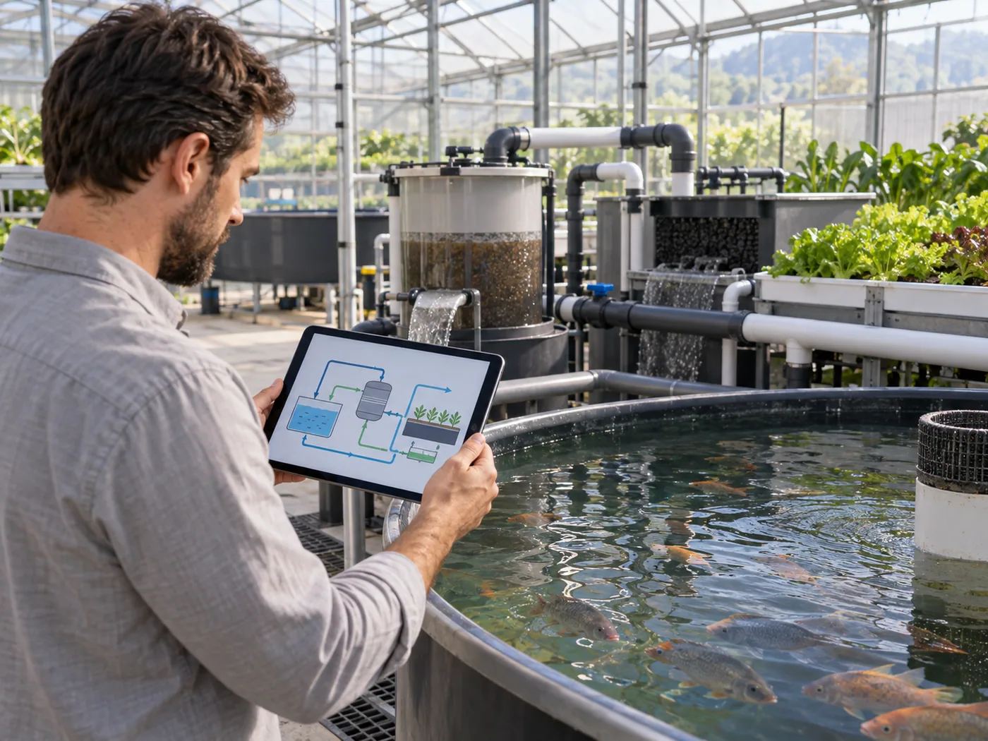 Technician testing aeration and water flow in a newly installed aquaponics greenhouse system.