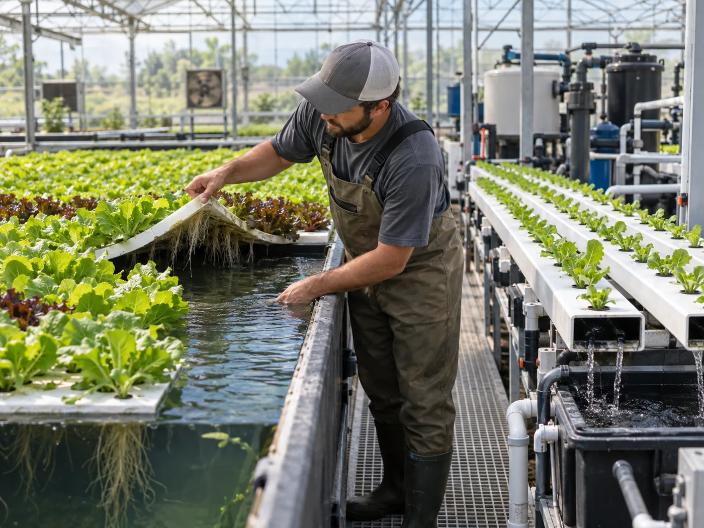Aquaponics worker inspecting lettuce raft beds and adjacent NFT channels in a greenhouse