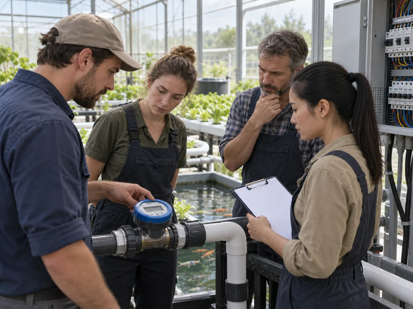 Aquaponics project team reviewing water meter readings and a production log during commissioning