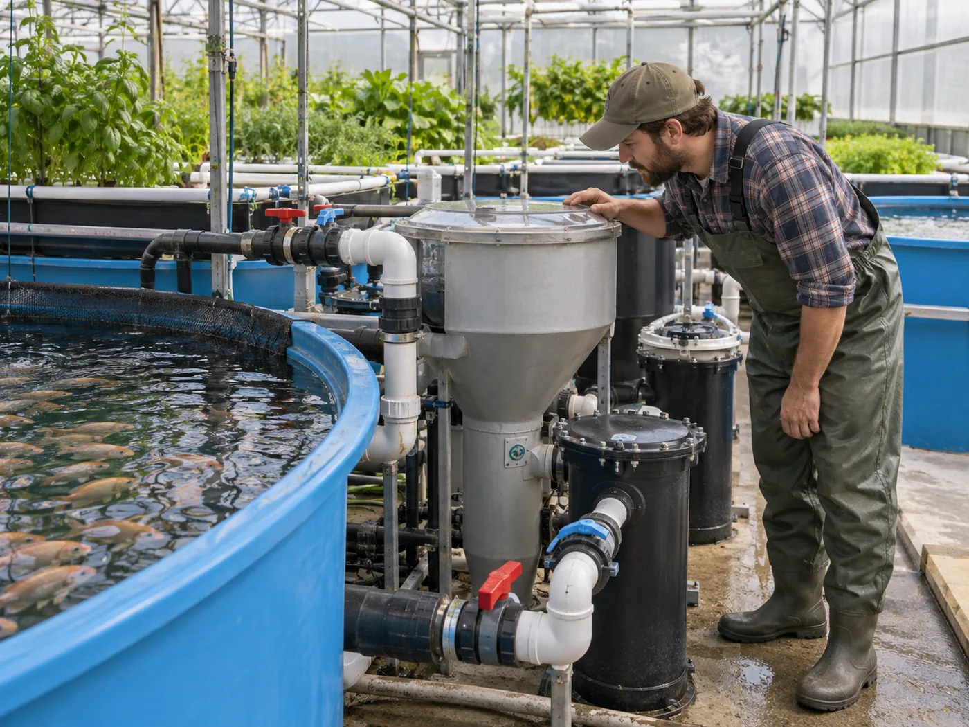 Technician inspecting a solids separator and filter in a commercial aquaponics water-treatment line