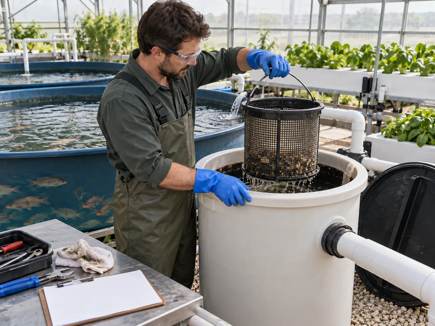 Technician servicing a solids filter and recording maintenance beside aquaponics tanks