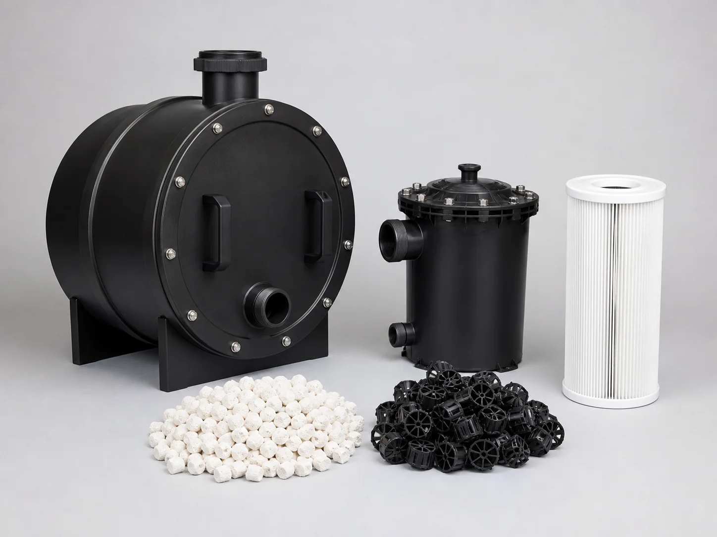 Aquaponics filtration tanks, filter media and cartridge filter components