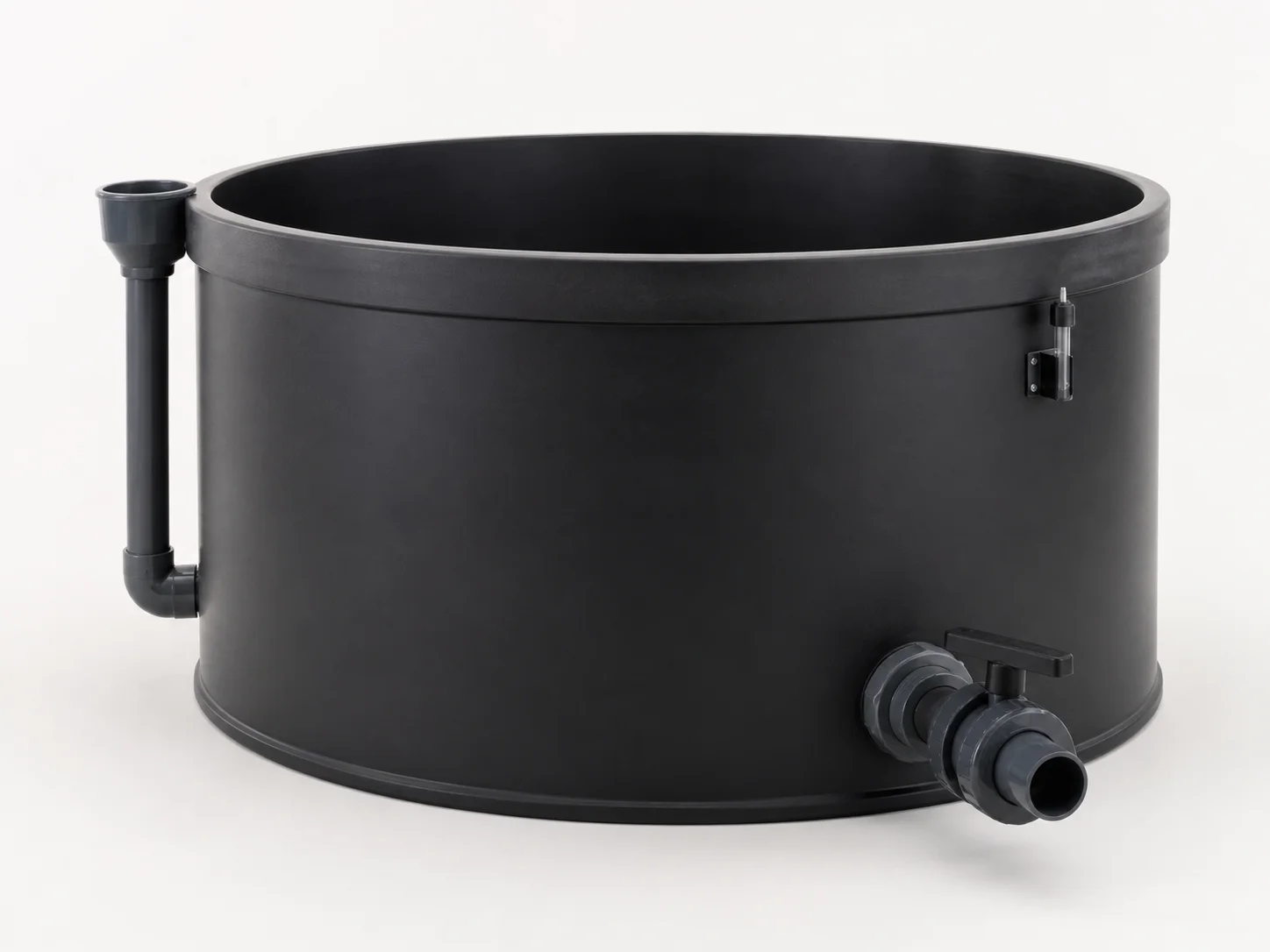 Black HDPE aquaponics fish tank with overflow pipe and outlet valve