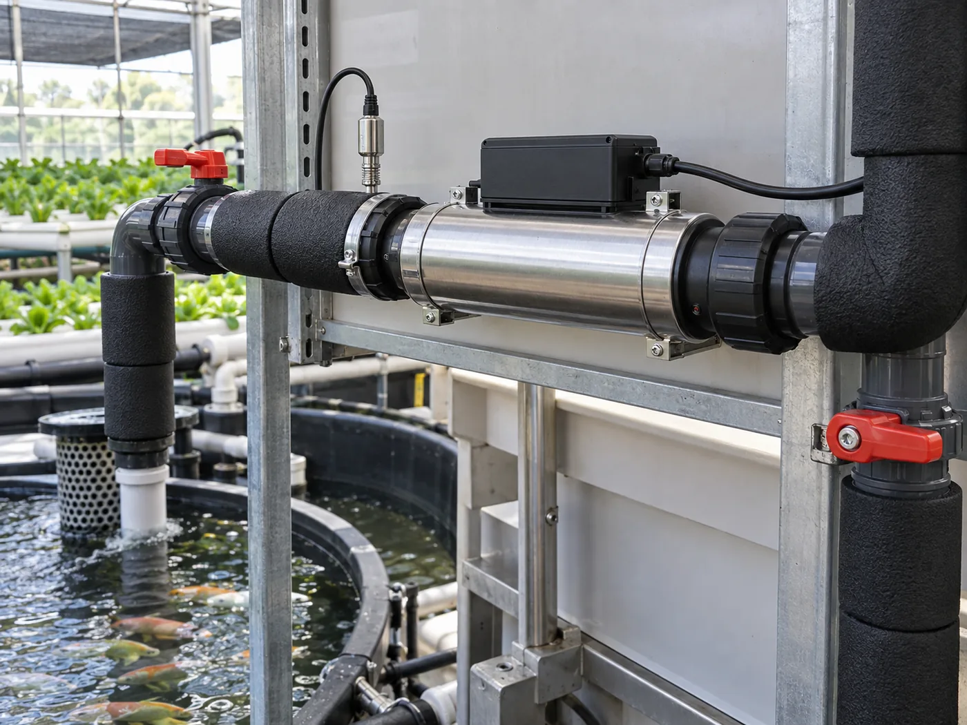 Inline water heater, temperature sensor and isolation valves on an aquaponics circulation line