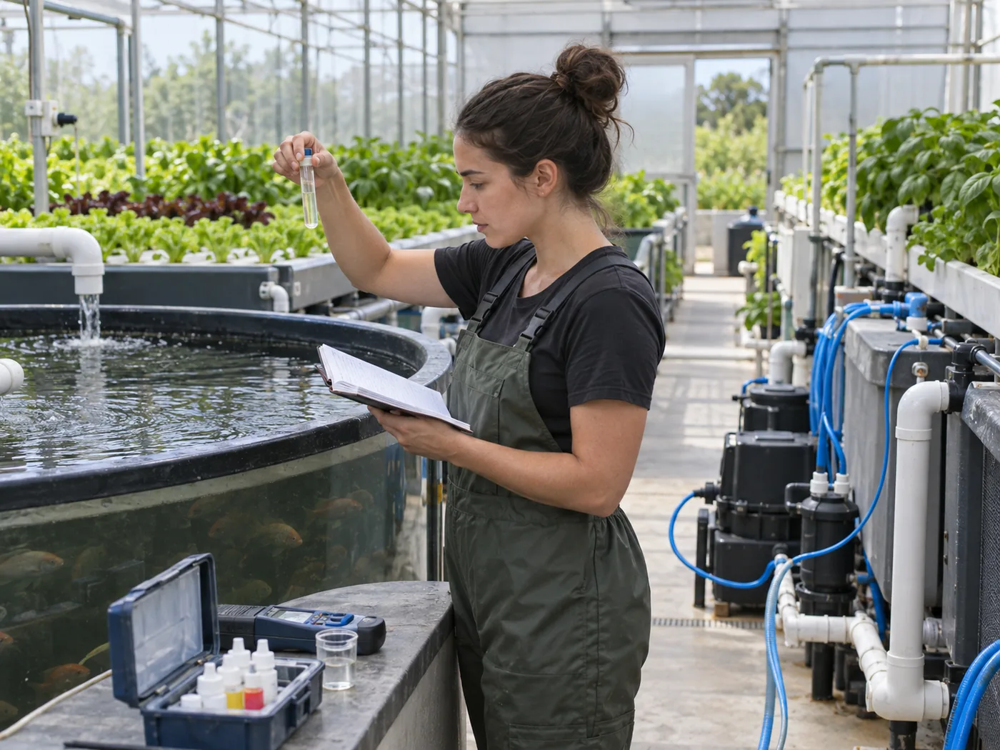 Aquaponics operator comparing water test results with a maintenance log beside pumps and aeration equipment