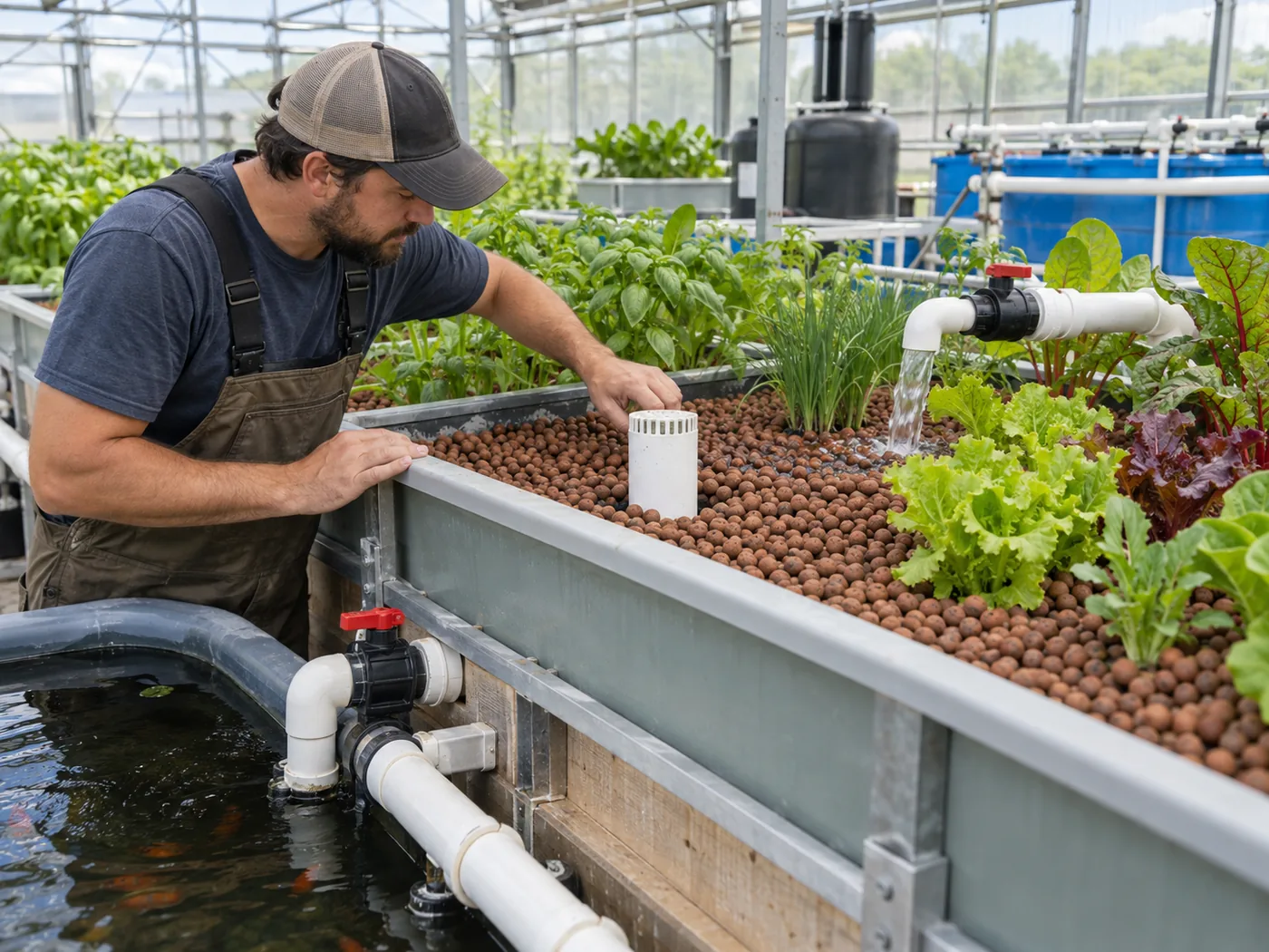 Technician inspecting an inert-media aquaponics grow bed with accessible plumbing and drainage