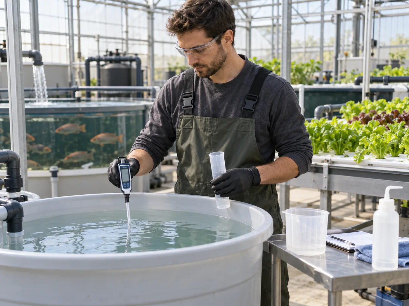 Technician preparing a separate make-up-water container beside an aquaponics system