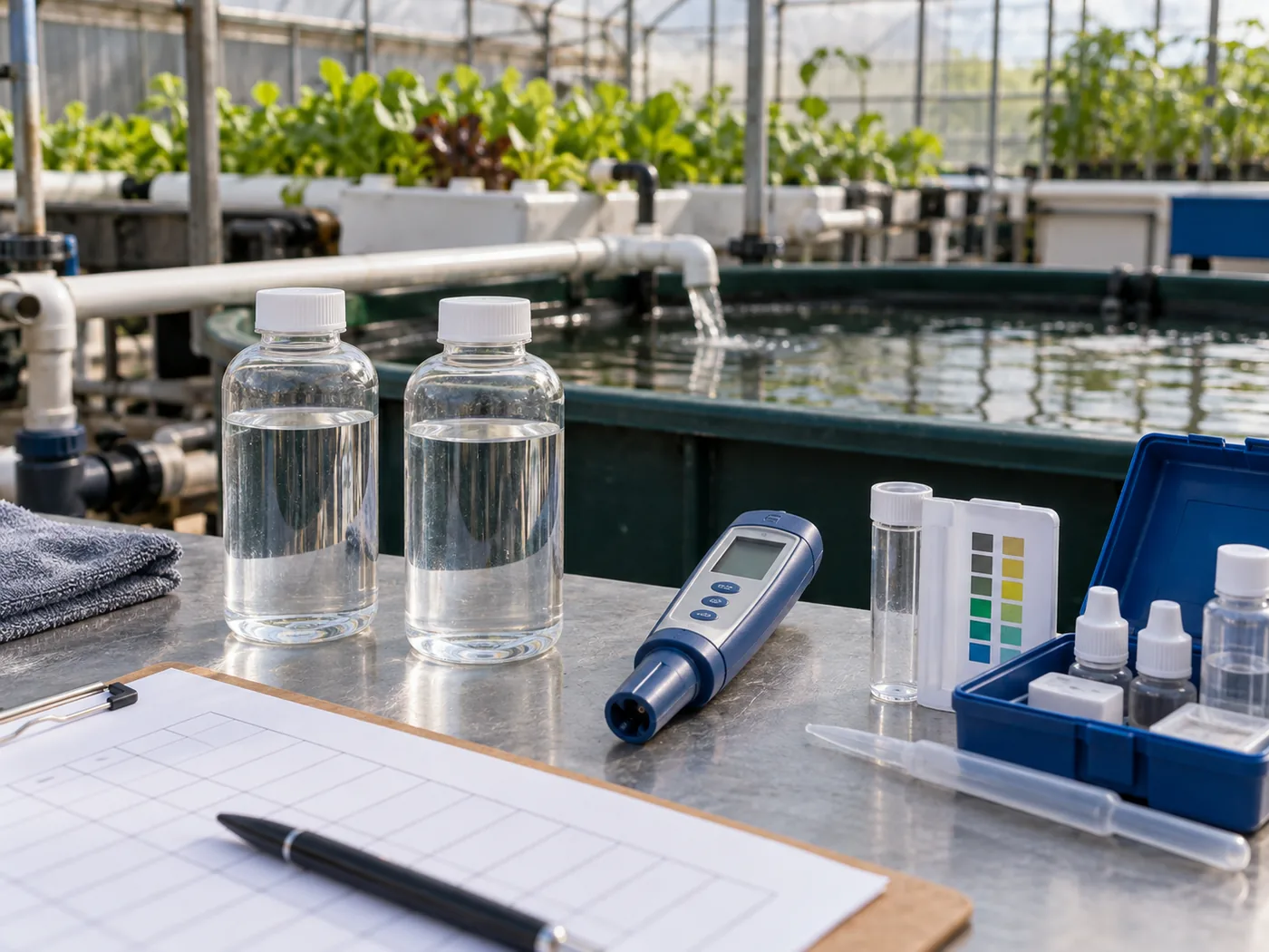 Clear sample bottles and a water-quality test kit used to compare aquaponics source water and system water