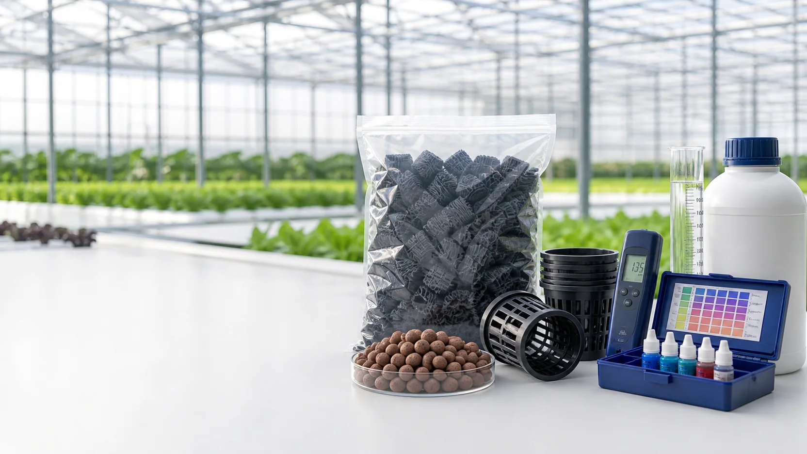 Aquaponics supply planning layout with biological media, net pots and water testing equipment