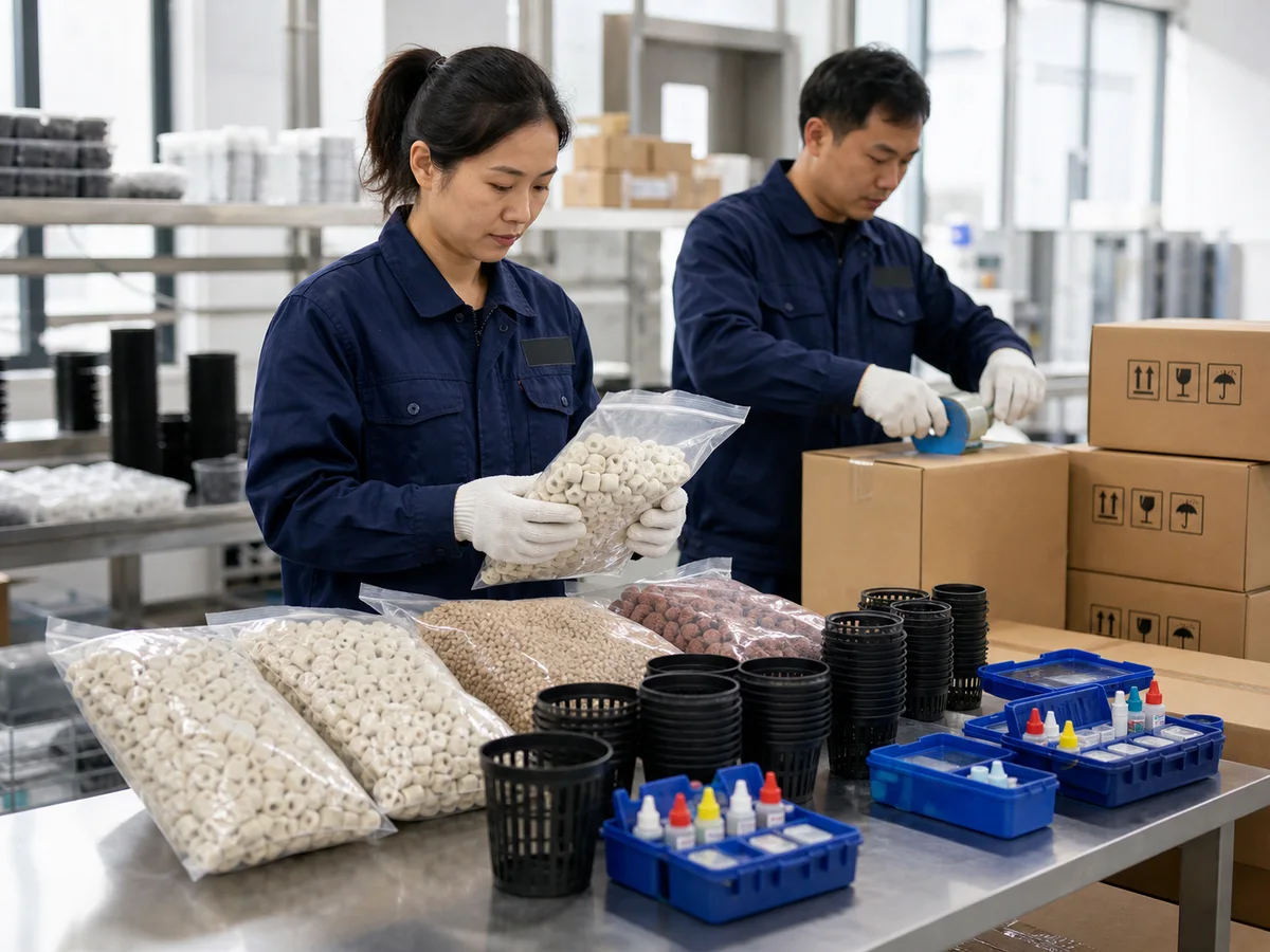 Chinese factory technicians inspecting and packing aquaponics supplies for export shipment