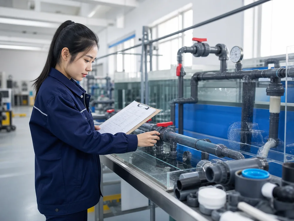 Chinese aquaponics engineer inspecting water circulation equipment at a factory technical test bench