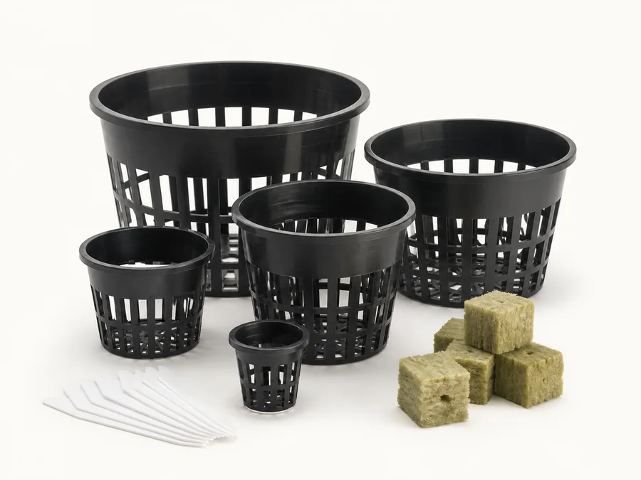 Black hydroponic net pots with plant labels and starter plugs