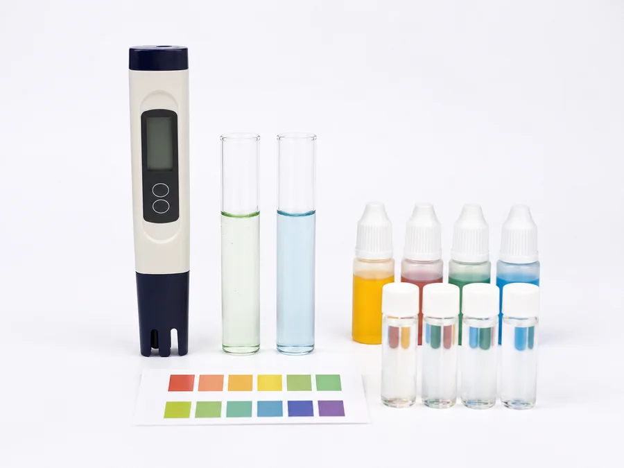 Aquaponics water quality meter, reagent bottles and test tubes