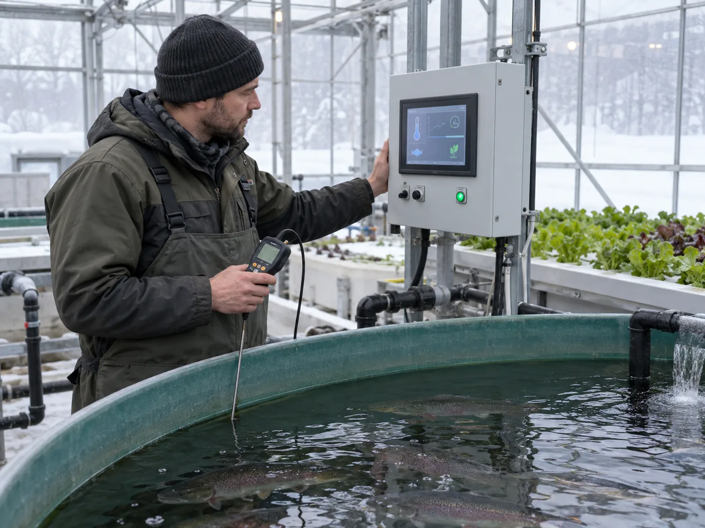 Aquaponics technician comparing water temperature readings beside a fish tank and control panel during commissioning