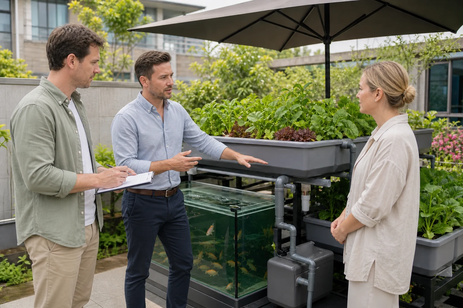 European project consultants explaining a complete backyard aquaponics system to a homeowner in a private garden