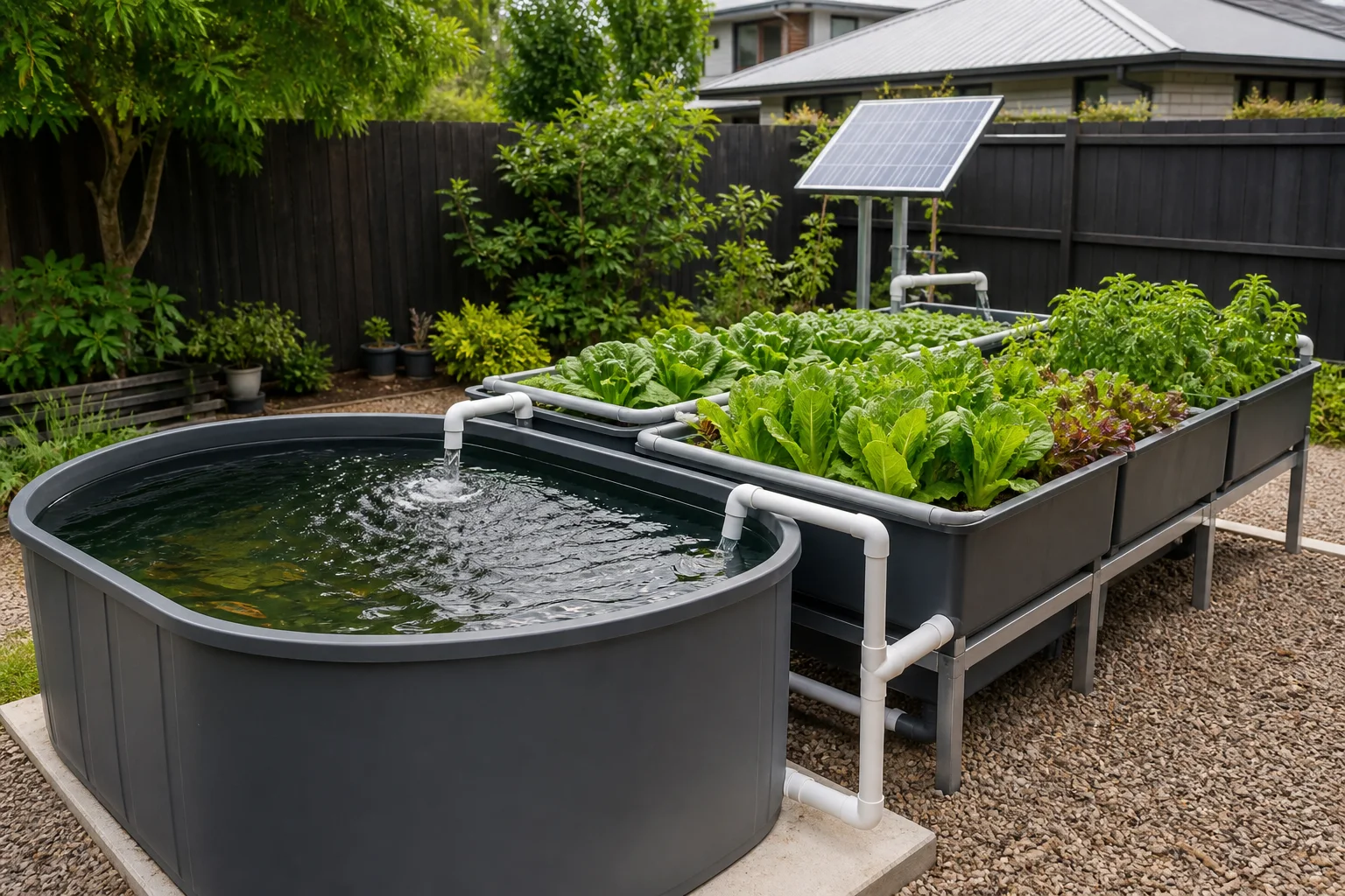 Close view of a backyard aquaponics system with a gray grow bed, white circulation pipes, water pump and healthy leafy greens