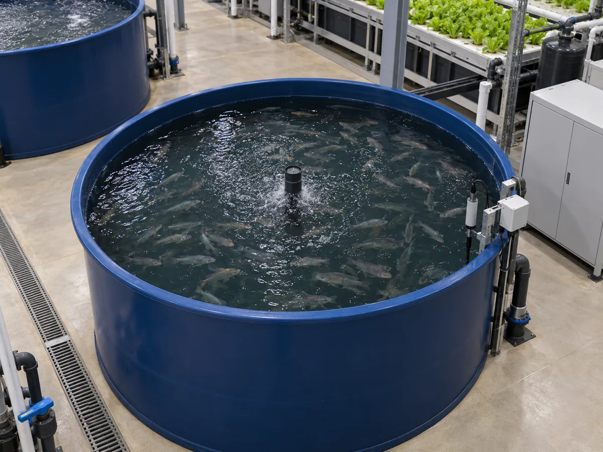Fish observed from above in an opaque aquaponics tank beside aeration and monitoring instruments.