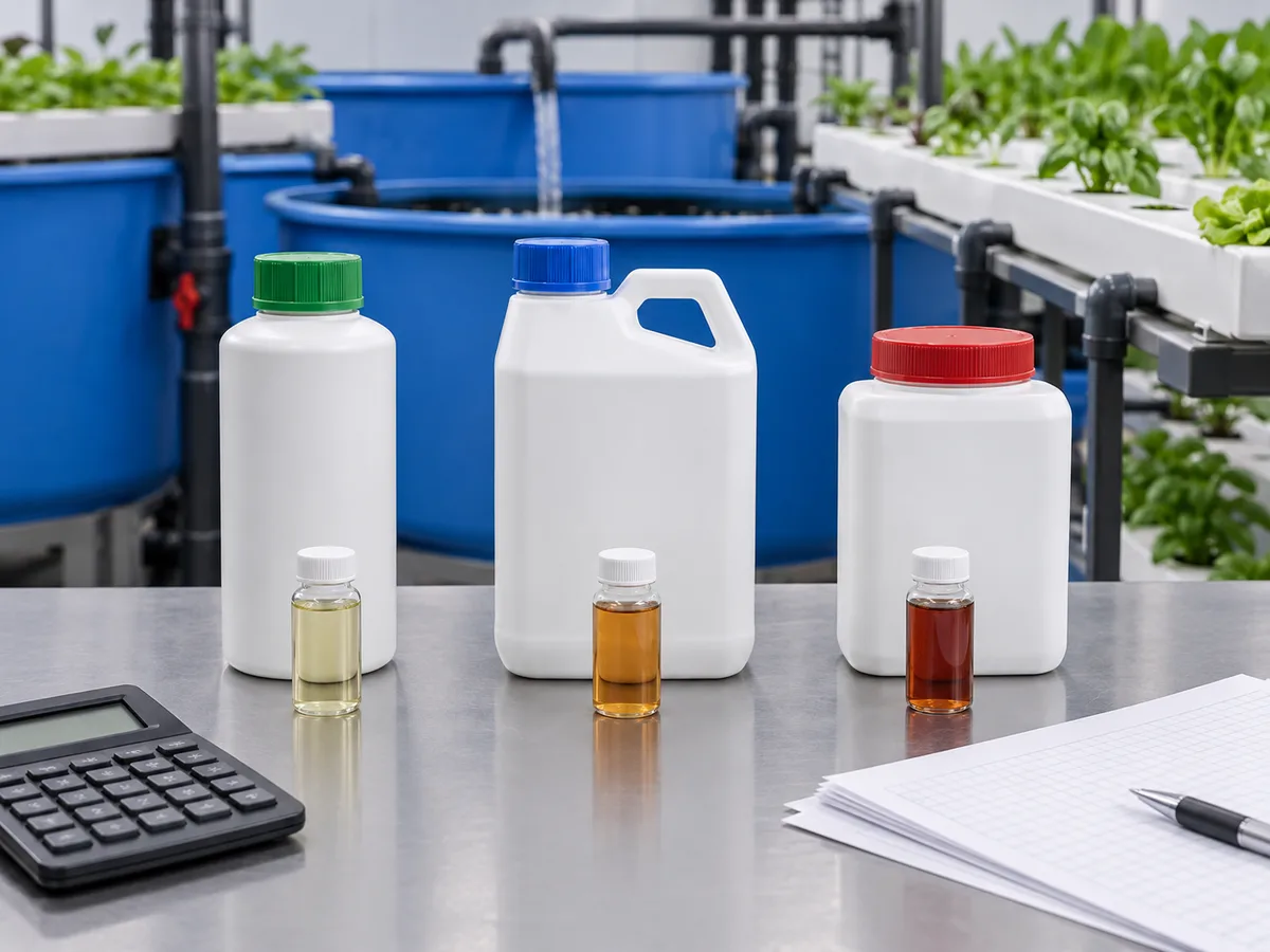 Three sealed chelated-iron containers arranged with pH samples and product records.
