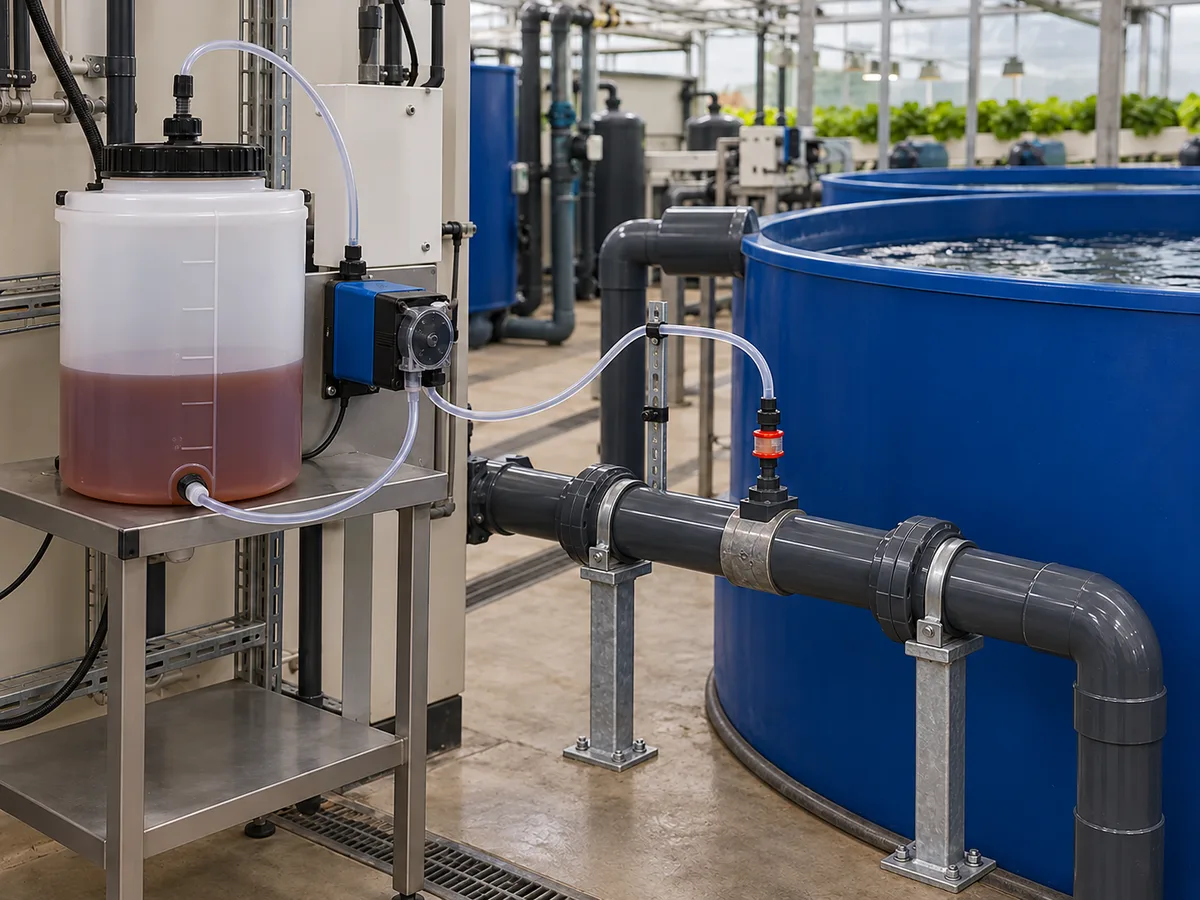 Measured chelated iron solution in a closed mixing vessel connected to an aquaponics dosing point.