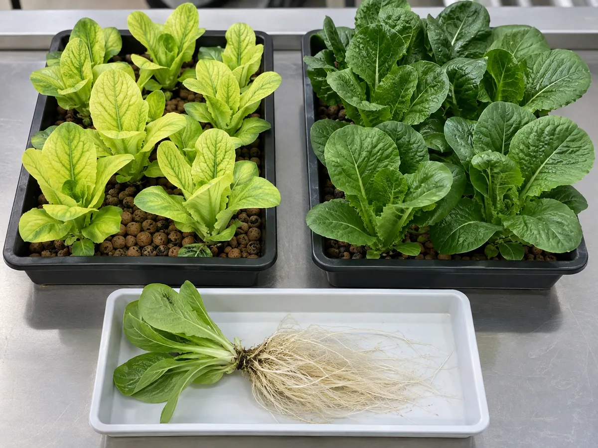 Aquaponics crop samples showing pale young leaves beside healthy comparison plants and root samples.