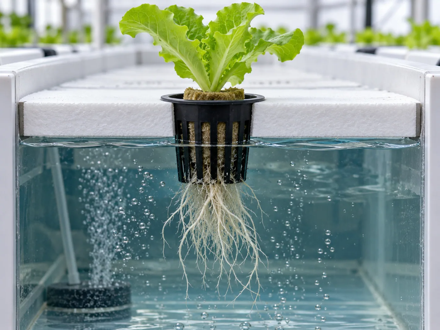 Aquaponics lettuce seedling seated correctly in a net pot above an aerated DWC trough.