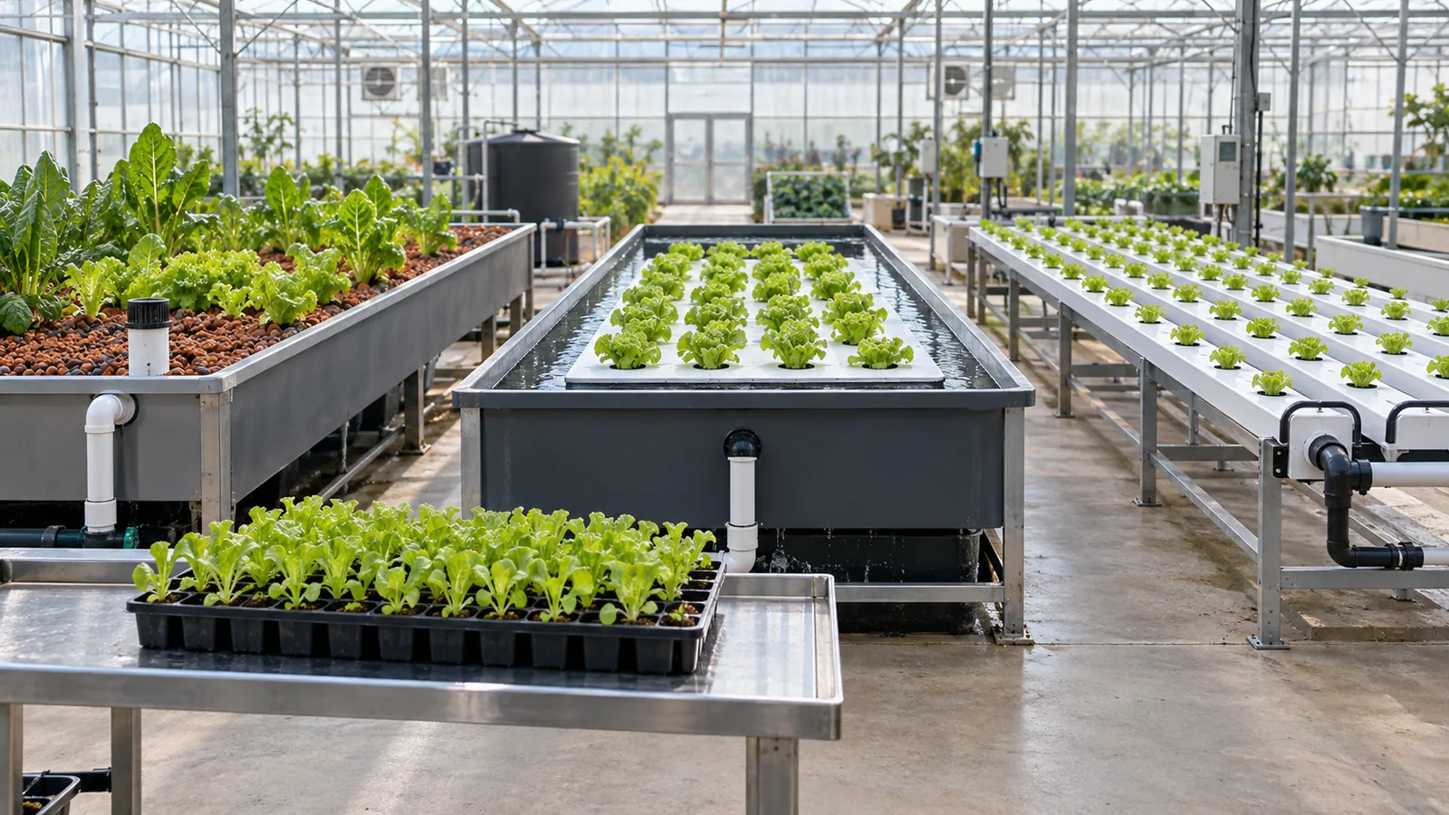Healthy aquaponics seedlings beside media bed, DWC raft and NFT growing modules in a greenhouse