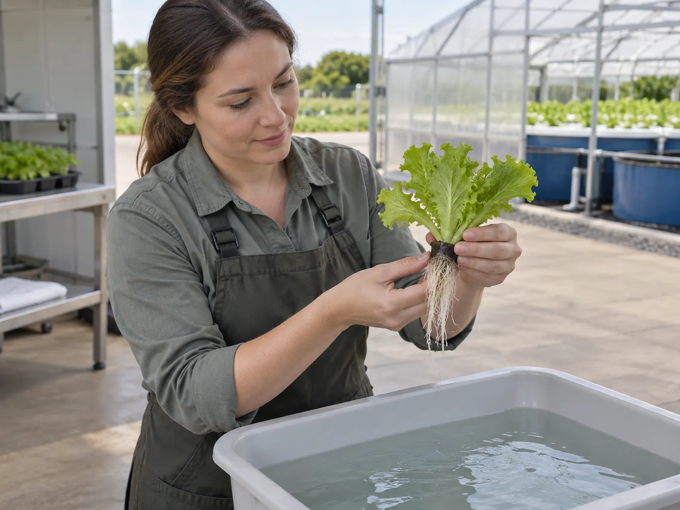 Aquaponics technician inspecting clean seedling roots over a separate rinse container.