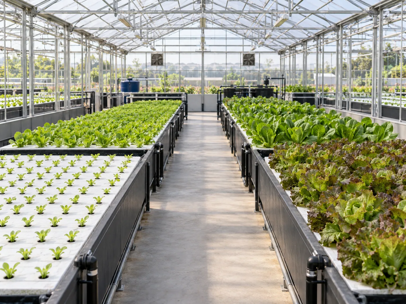 Aquaponics greenhouse rows containing clearly separated lettuce crop stages from seedlings to harvest.