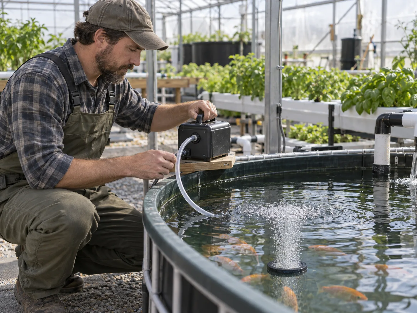 Aquaponics technician testing a battery-backed emergency air pump beside a fish tank.