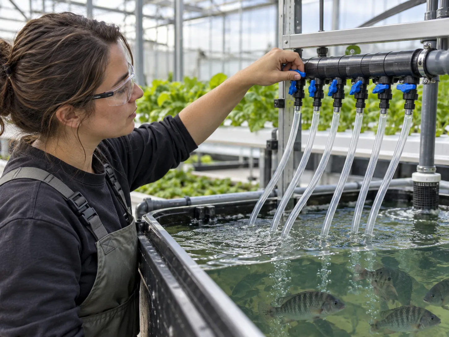 Technician adjusting air manifold valves feeding several aquaponics fish tank diffuser zones.