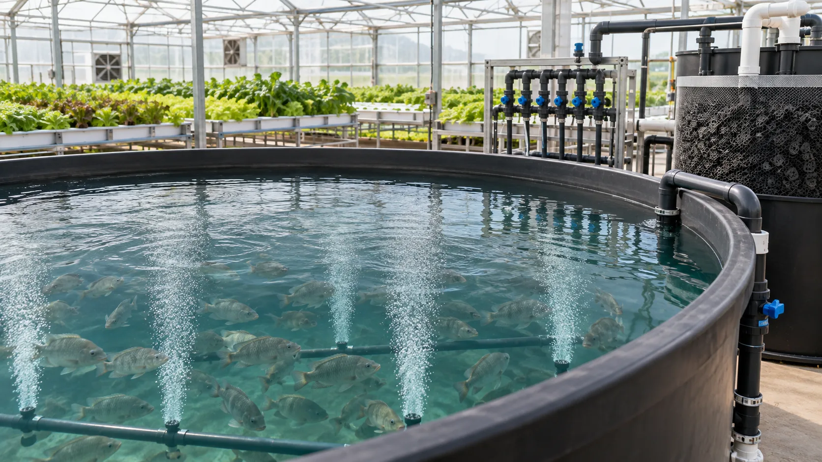 Commercial aquaponics fish tank with evenly distributed diffuser lines, air manifold and accessible biological filter