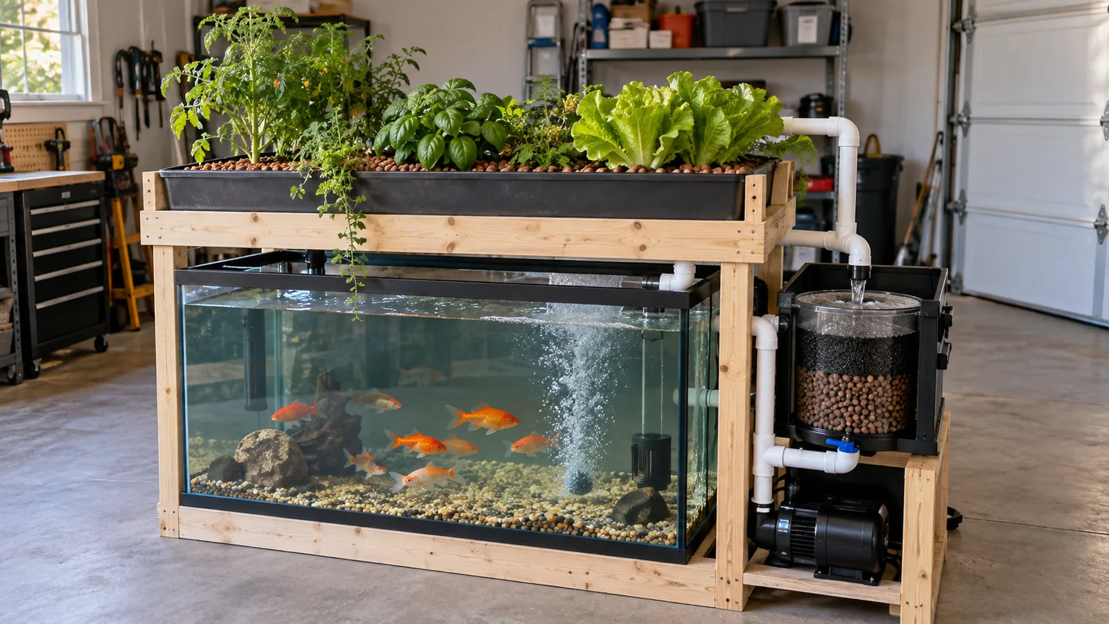 Affordable small-scale home aquaponics system with fish tank, filter and media grow bed