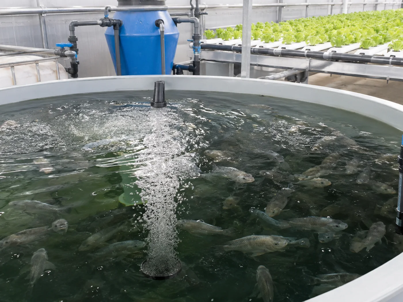 Technician checking accessible aquaponics filters, pump and clearly routed pipework during greenhouse commissioning
