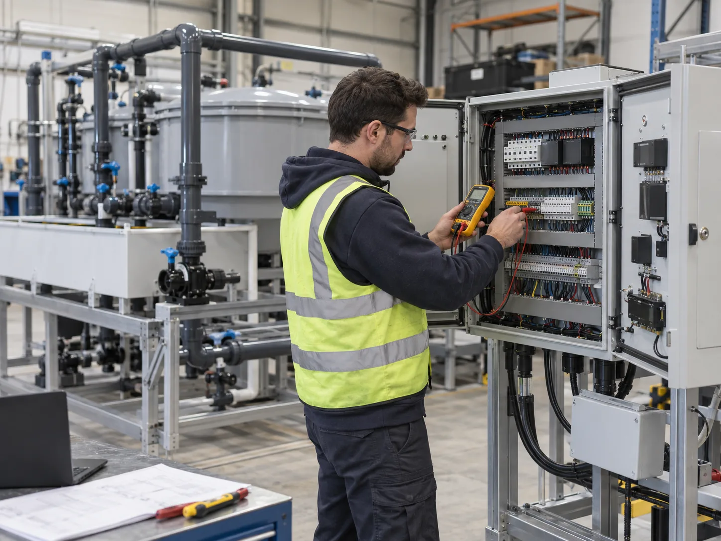 Technician reviewing a labelled aquaponics control panel and app alarm matrix during factory testing.