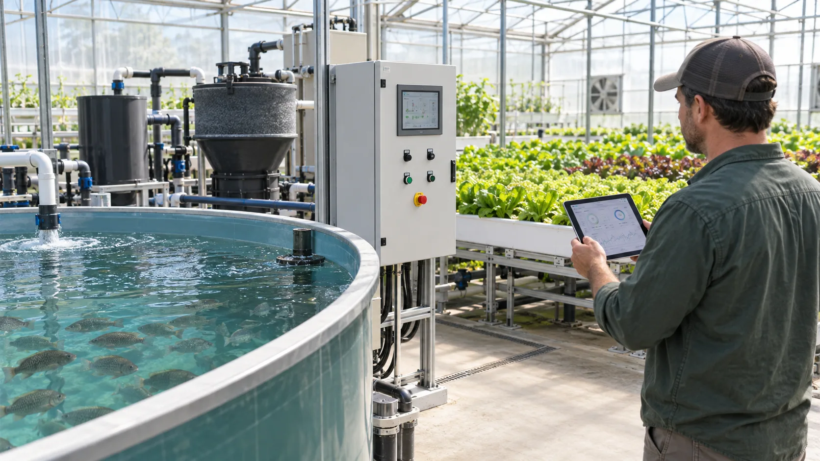 Commercial aquaponics system with control cabinet, filtration equipment and operator using a monitoring tablet