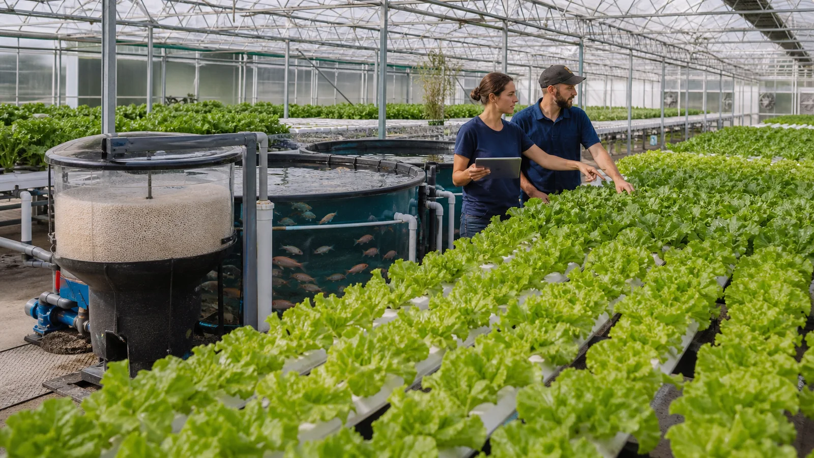 Commercial aquaponics greenhouse with fish tanks, water-treatment equipment and lettuce raft beds