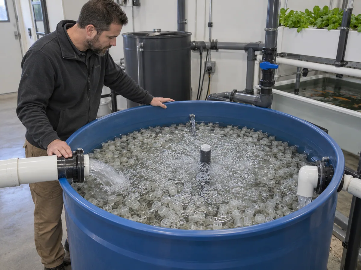 Technician inspecting aquaponics biofilter flow, aeration and filter media.