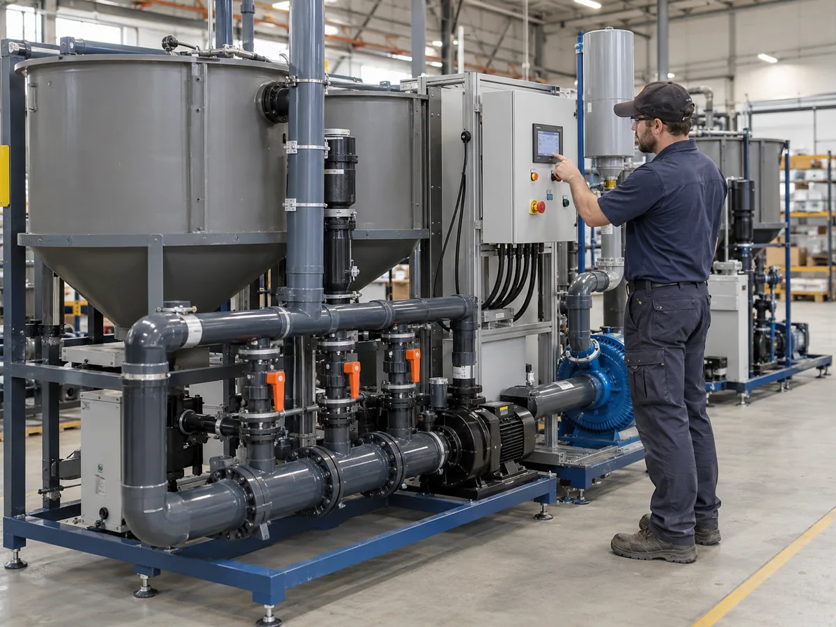 Factory technician testing aquaponics pumps, controls, valves and aeration equipment.