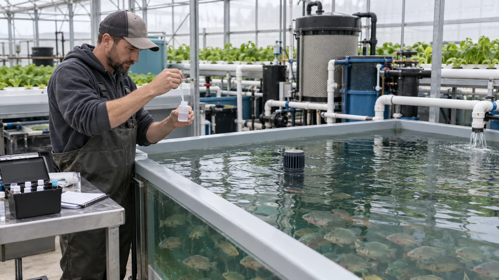 Technician testing ammonia in an aquaponics fish tank beside filtration equipment