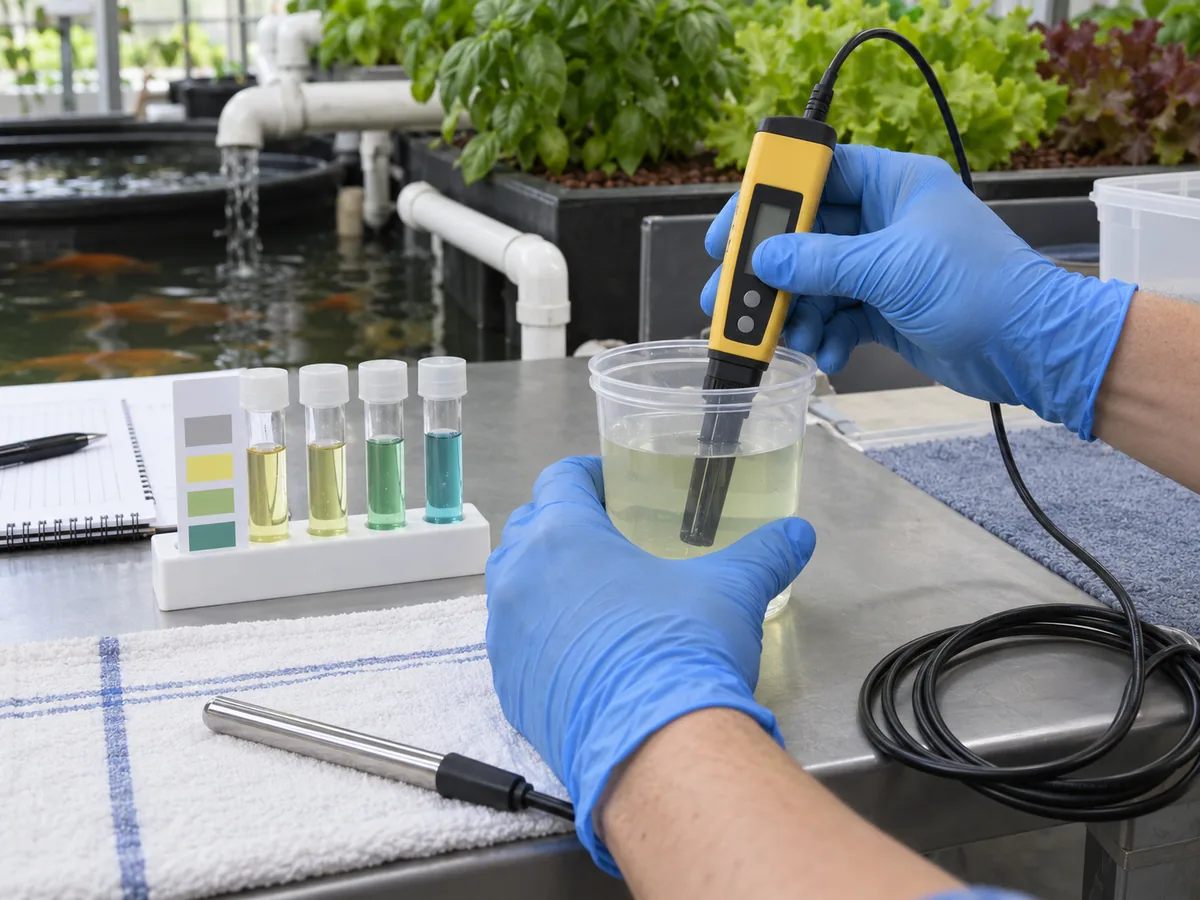 Aquaponics water sample with ammonia test kit, pH meter and temperature probe.