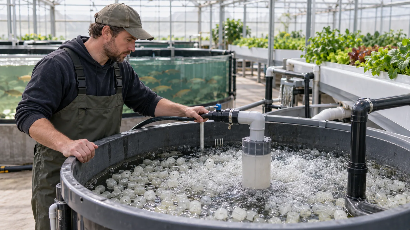 Technician checking biofilter media and aeration in a commercial aquaponics system